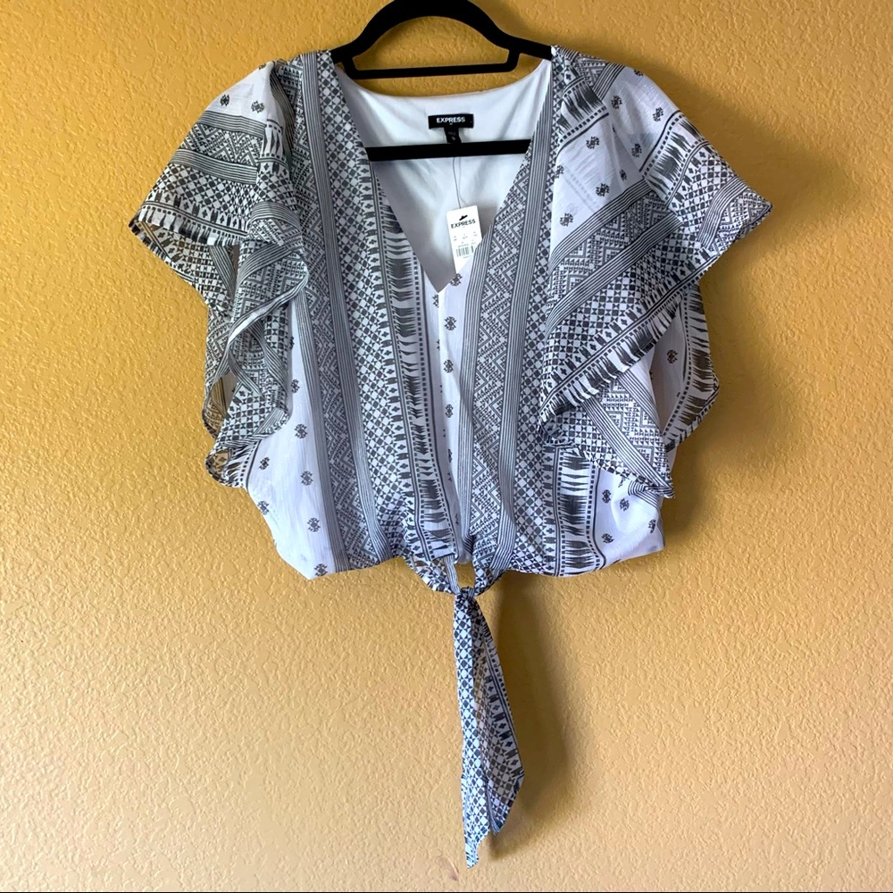 Shimmer Express Tie Front White & Gray Print Blouse - Medium - New With Tags